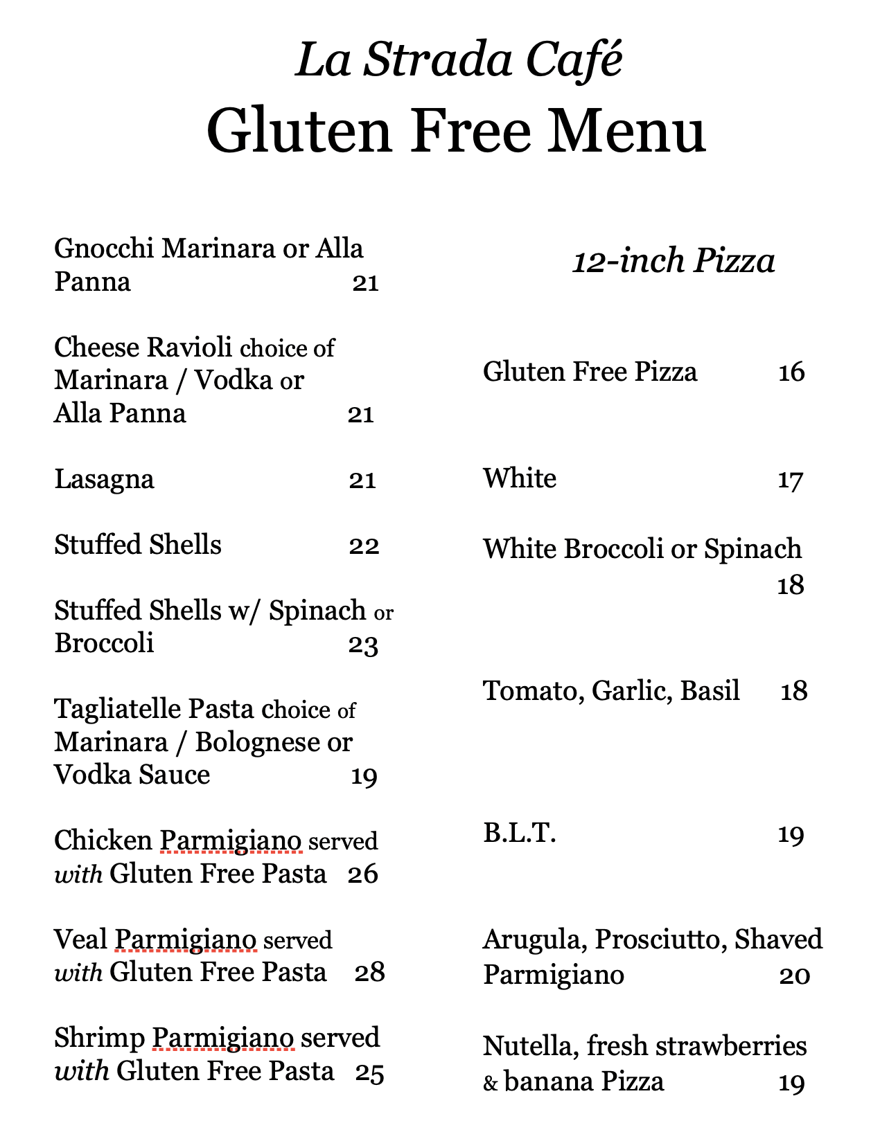 La Strada Cafe Gluten Free Menu