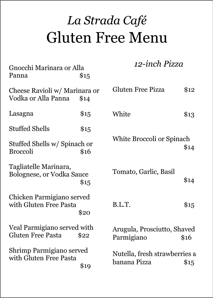 La Strada Cafe Gluten Free Menu