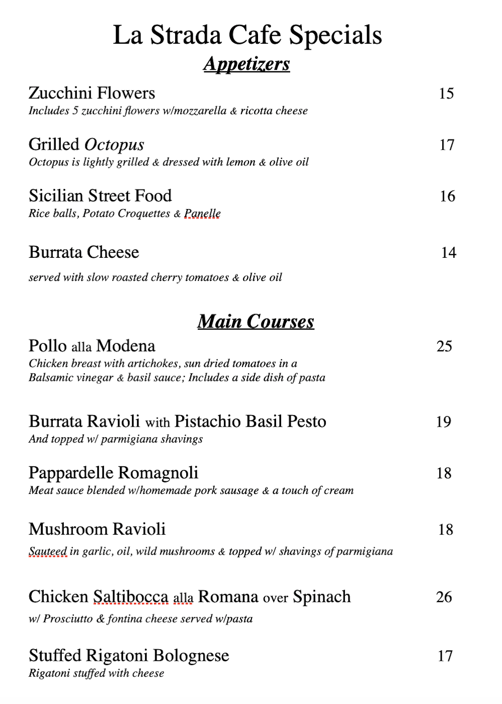 La Strada Cafe Specials